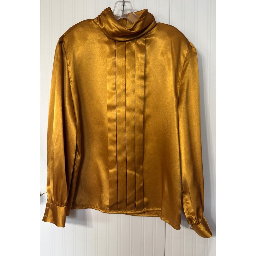 Lauren Alexandra Gold Satin Mock Neck Pleated Blouse Vintage Long Sleeve Top 14